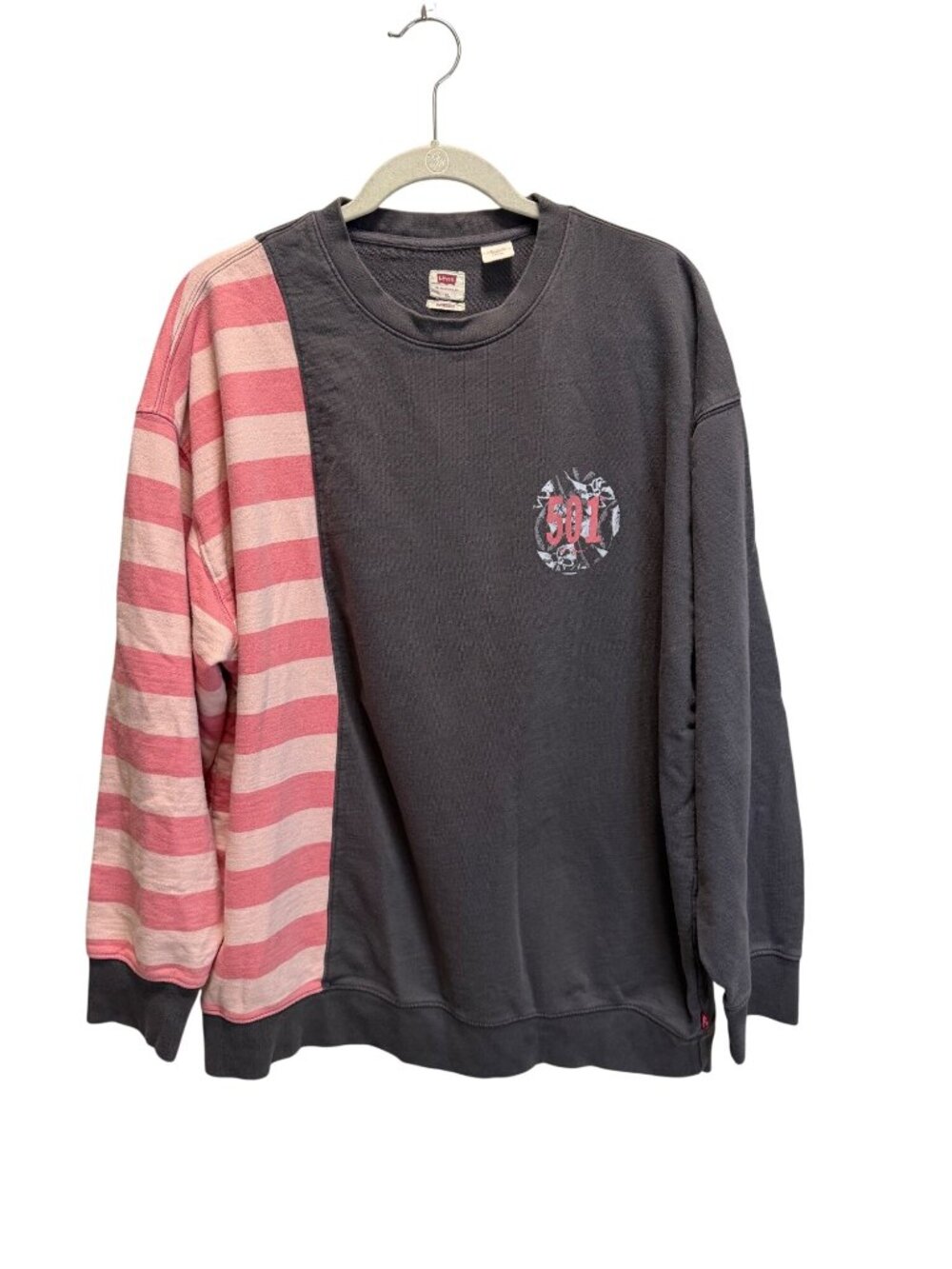 Levis Oversized 501 Graphic Sweatshirt With Striped Sleeves XL Gray & Pink